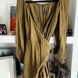 Anthropologie Olive Crinkle Wrap Dress with Tie Detail